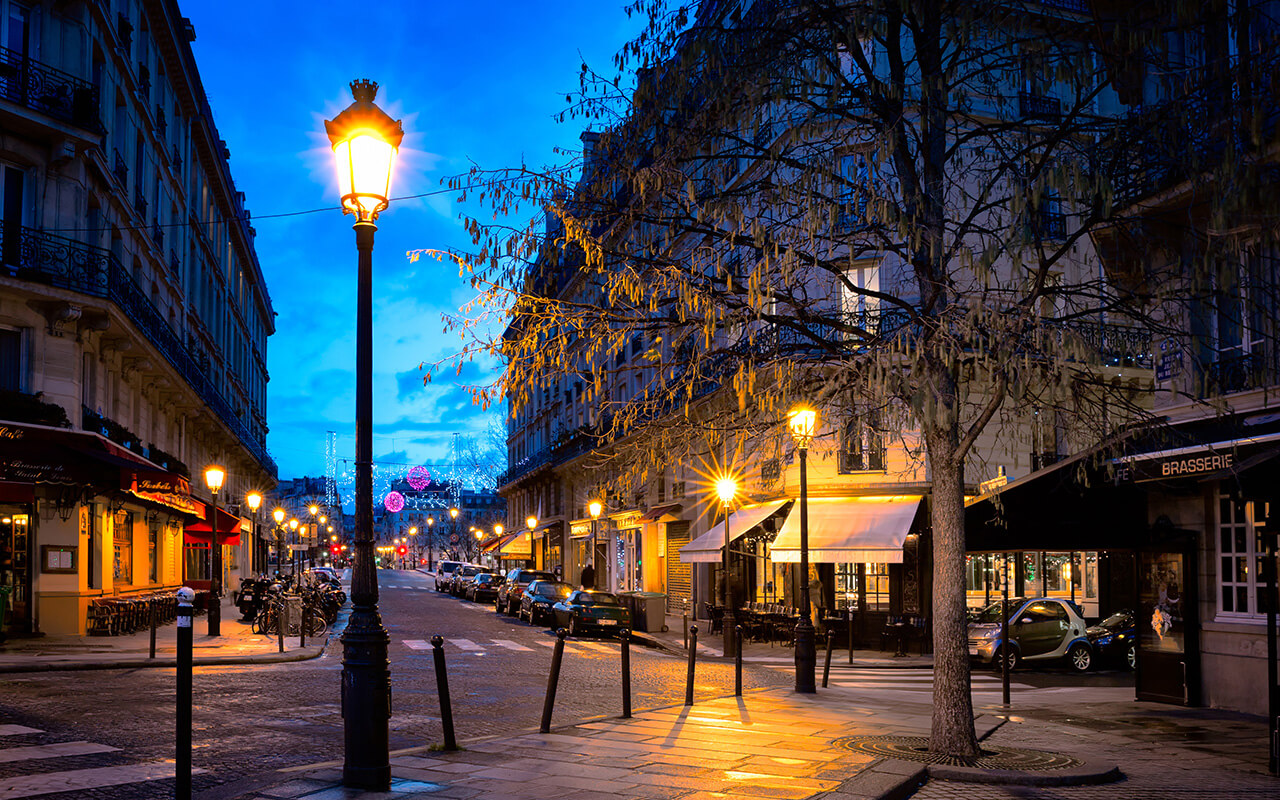 Street in Paris, France at night