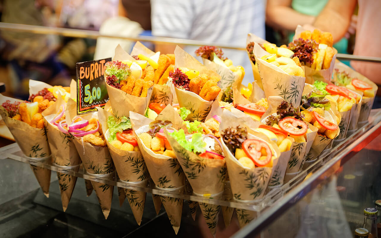 Burrito in paper cones ready for sale to tourists in Barcelona