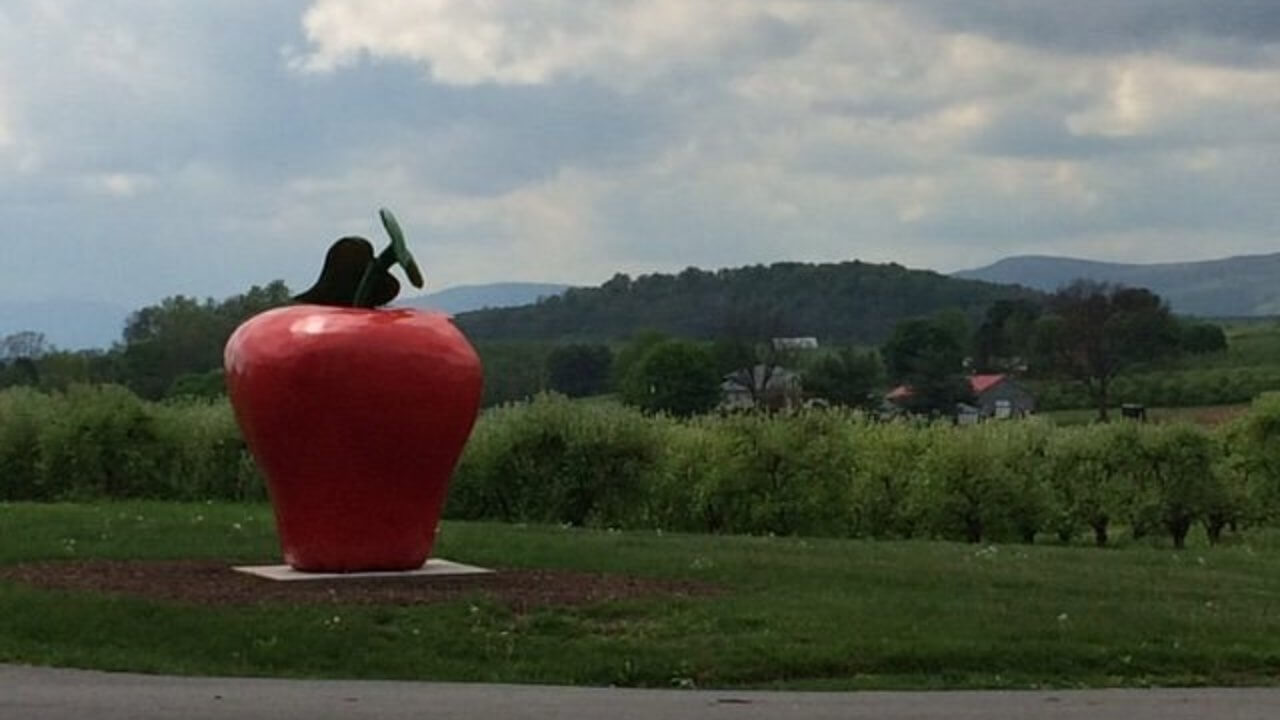 a large red apple sculpture in the middle of a field