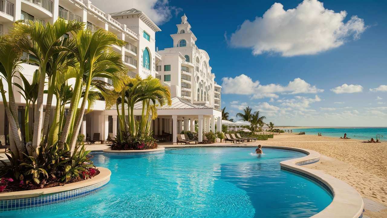 a hotel with a pool and palm trees on the beach