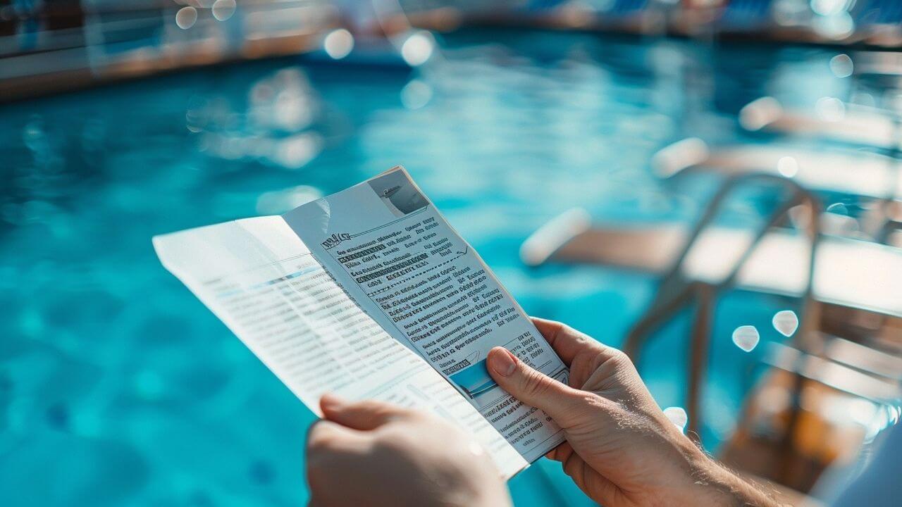 a person reading a newspaper near a swimming pool