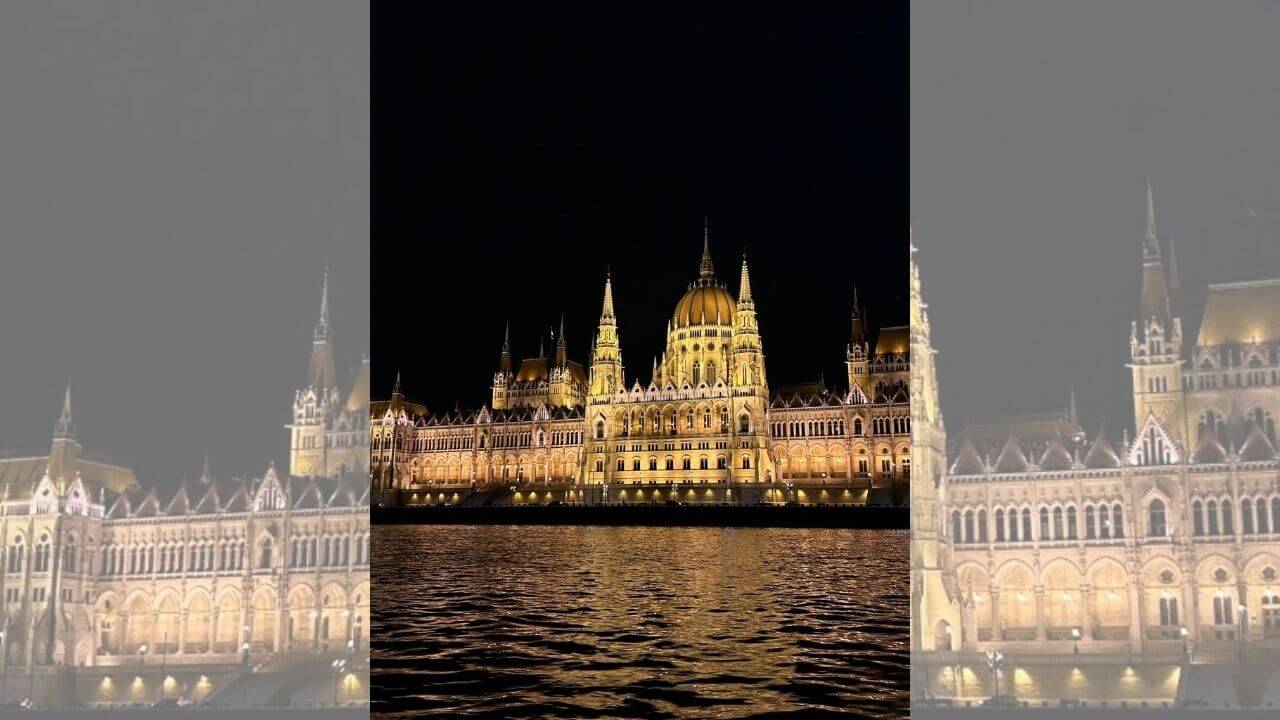 the hungarian parliament building lit up at night