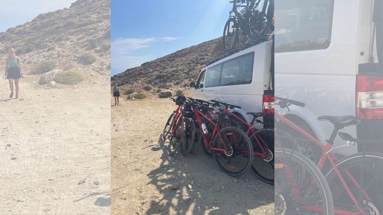 several bicycles are parked on top of a van in the desert