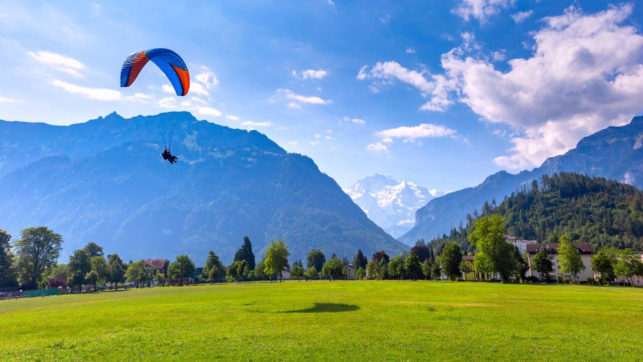 a paraglider flying over a grassy field with mountains in the background