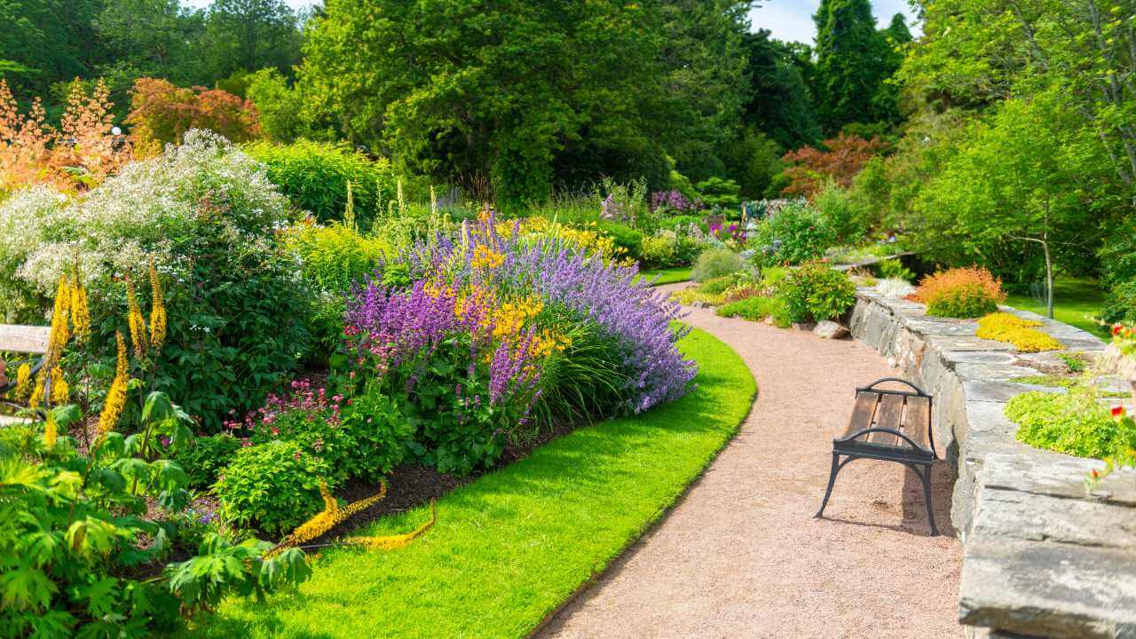 a beautiful garden with a stone wall and a bench