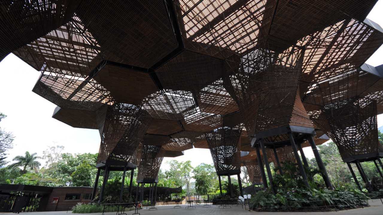 a large structure made out of sticks and plants