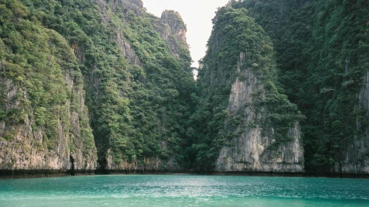 a body of water surrounded by cliffs and green trees