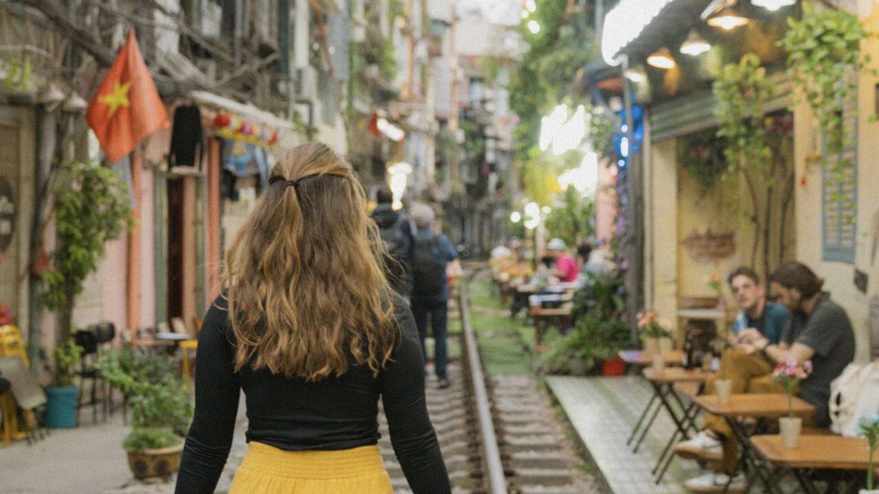 girl walking on train tracks