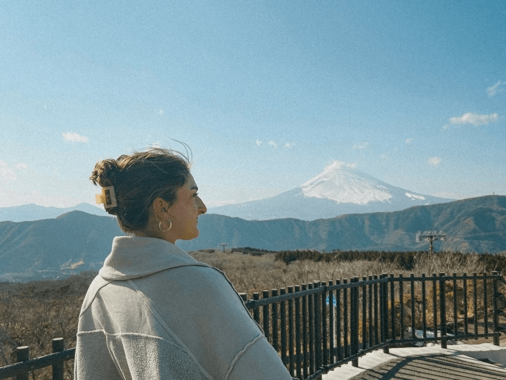 someone looking towards the mountains