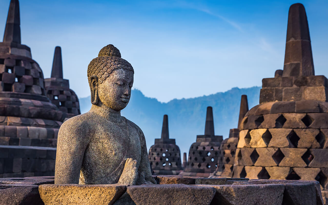 Buddha statue in Borobudur Temple, Java island, Indonesia.