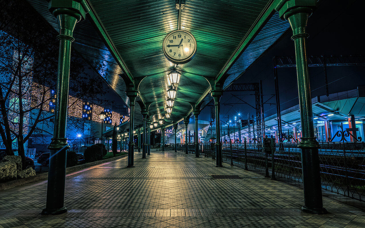 Old railway platform in Krakow, Poland. Christmas Eve