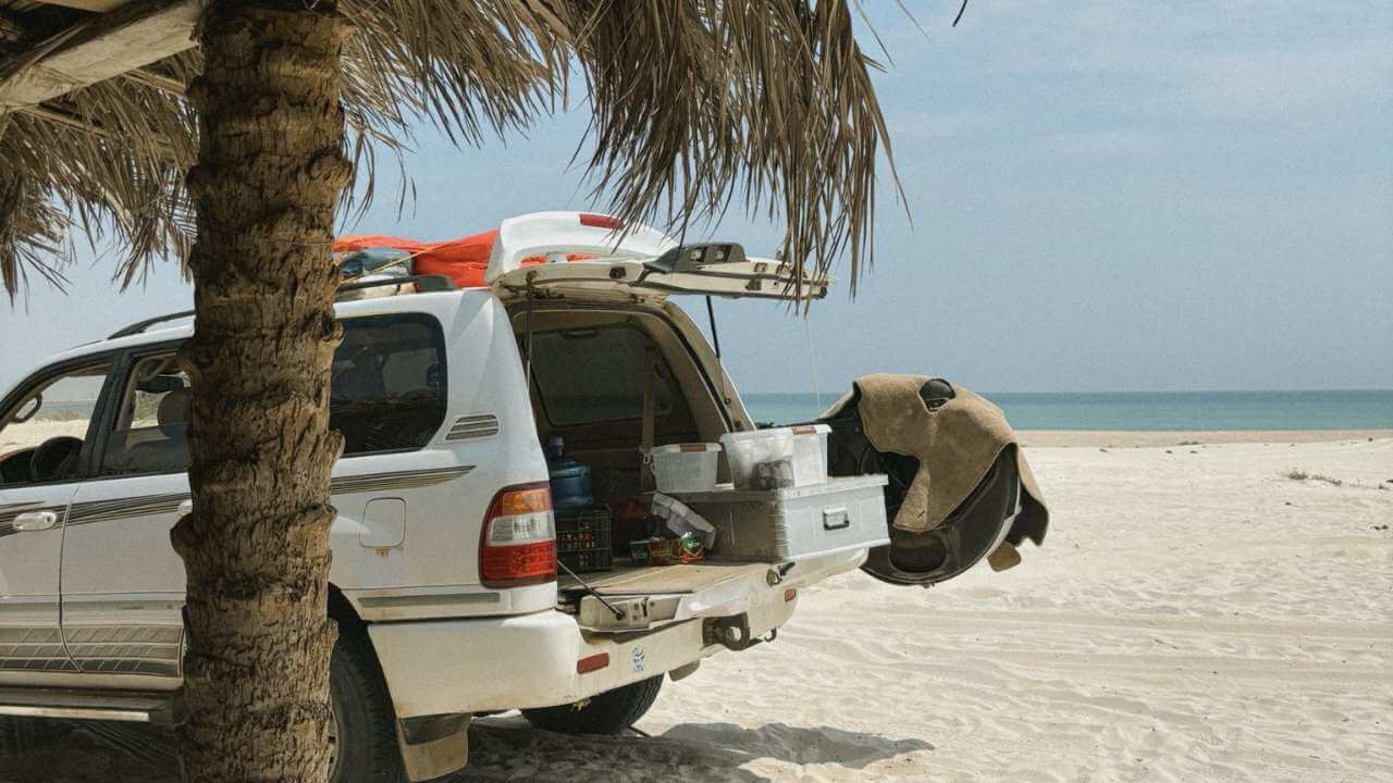 a vehicle parked on the beach next to a palm tree