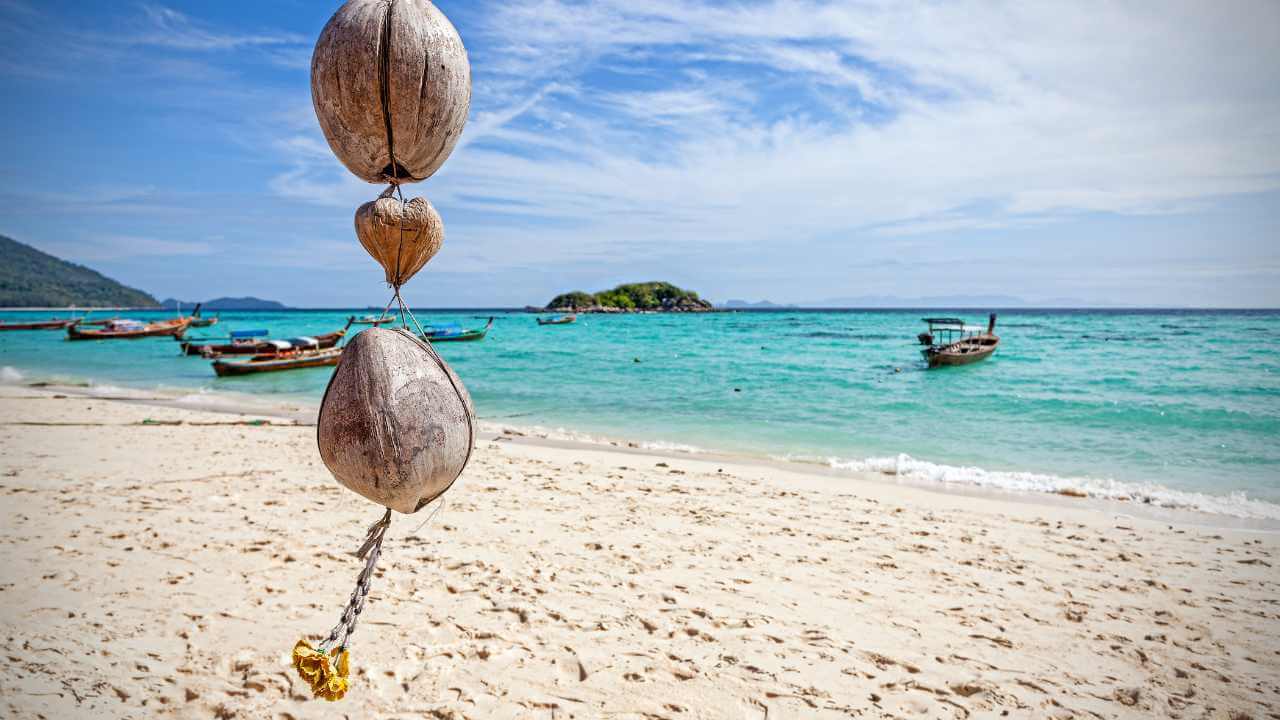 a coconut hanging from a rope on the beach