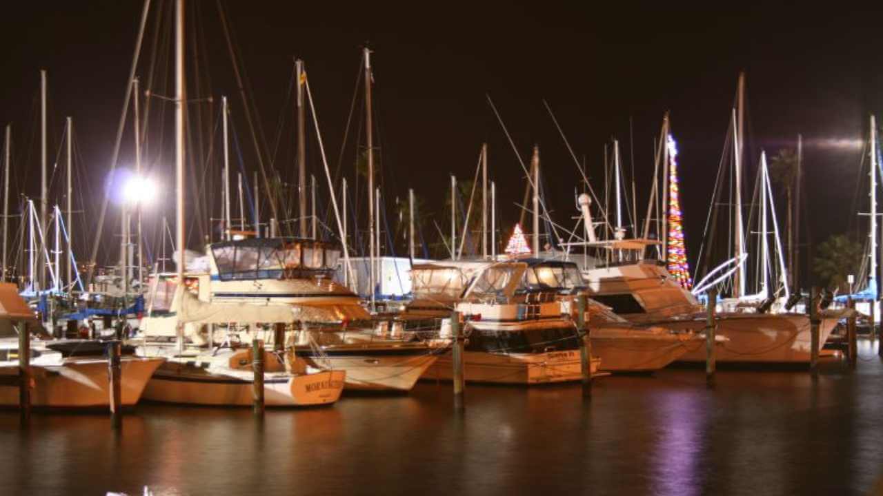 many boats are docked at a marina at night