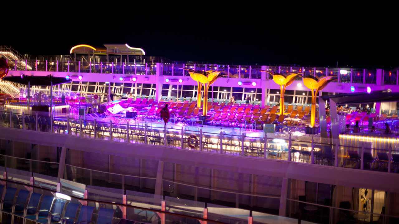 an aerial view of a cruise ship at night