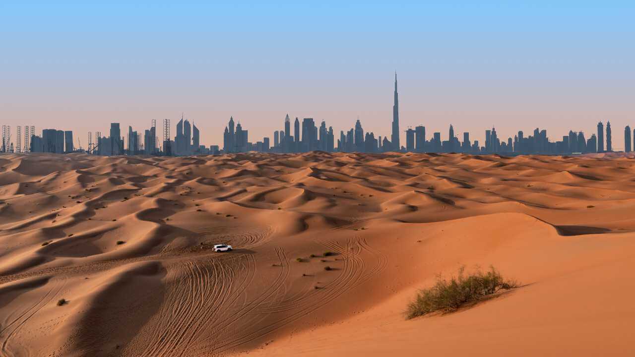 dubai skyline in the desert, dubai, united arab emirates