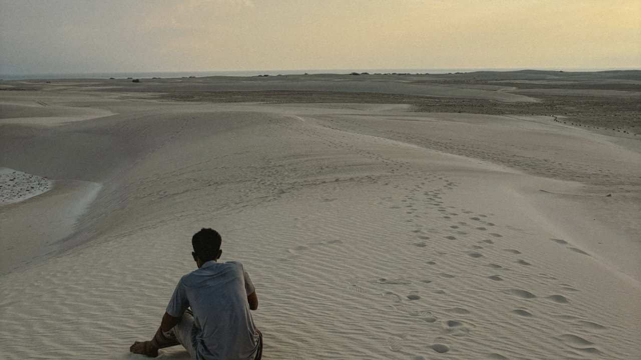 a person sitting on top of a sand dune