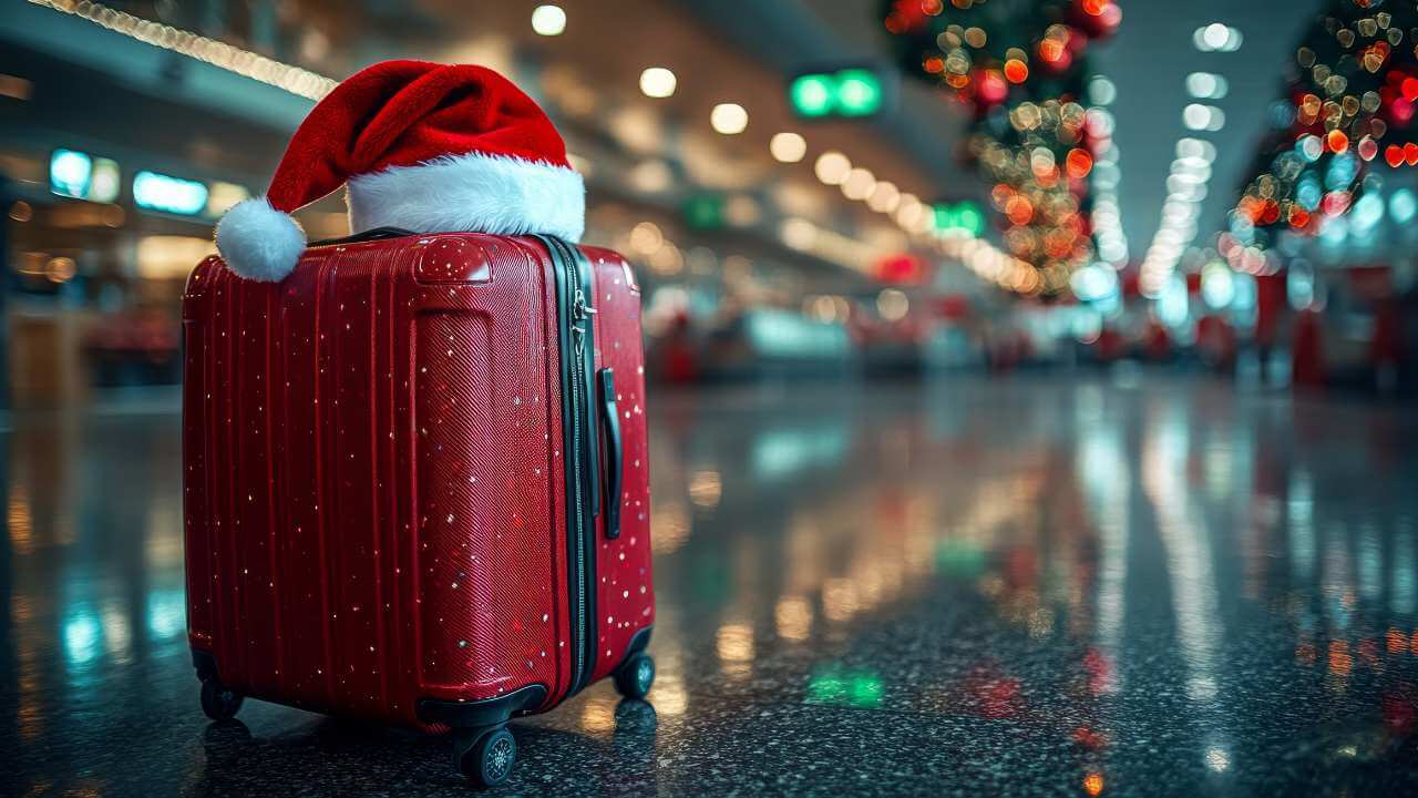 a red suitcase with a santa hat on it in an airport