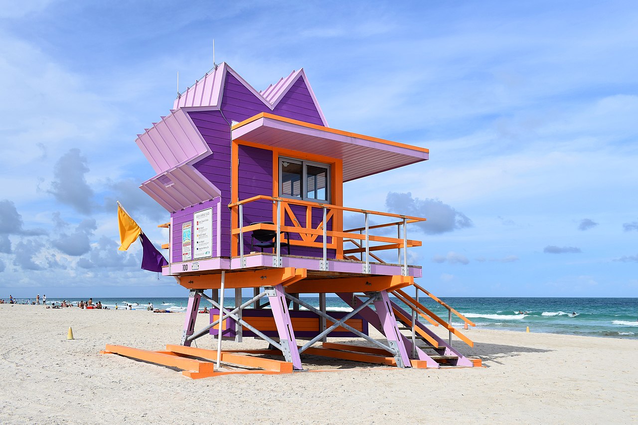 View from south to a lifeguard stand in South Beach, Florida. US architect William Lane is responsible for the Art Deco design.