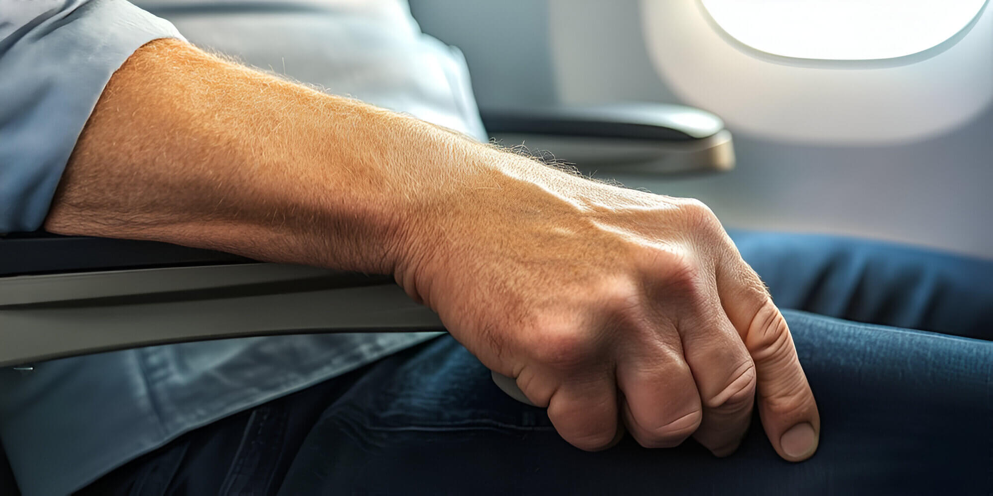 Person gripping the armrest on an airplane 