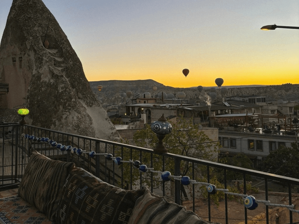 hot air ballons in the distance