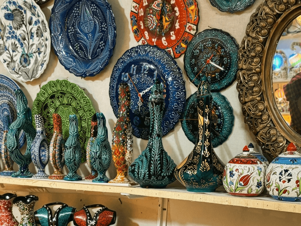 unique colorful pottery on a shelf