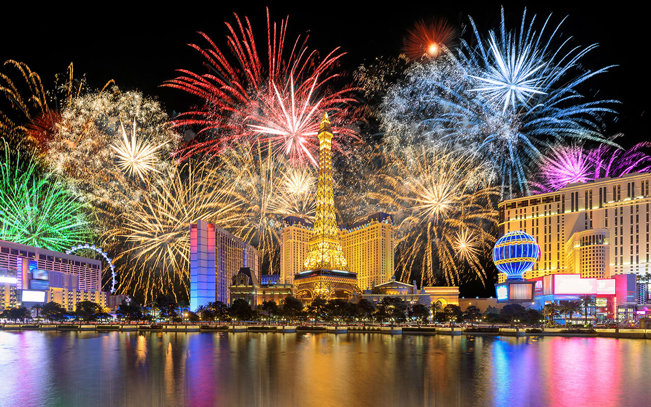 New Year celebration fireworks on Las Vegas strip, Nevada, USA.