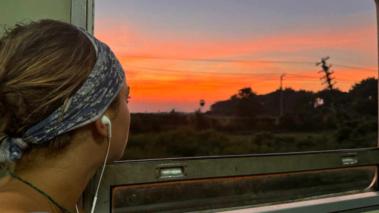 a person looking out the window of a train at sunset
