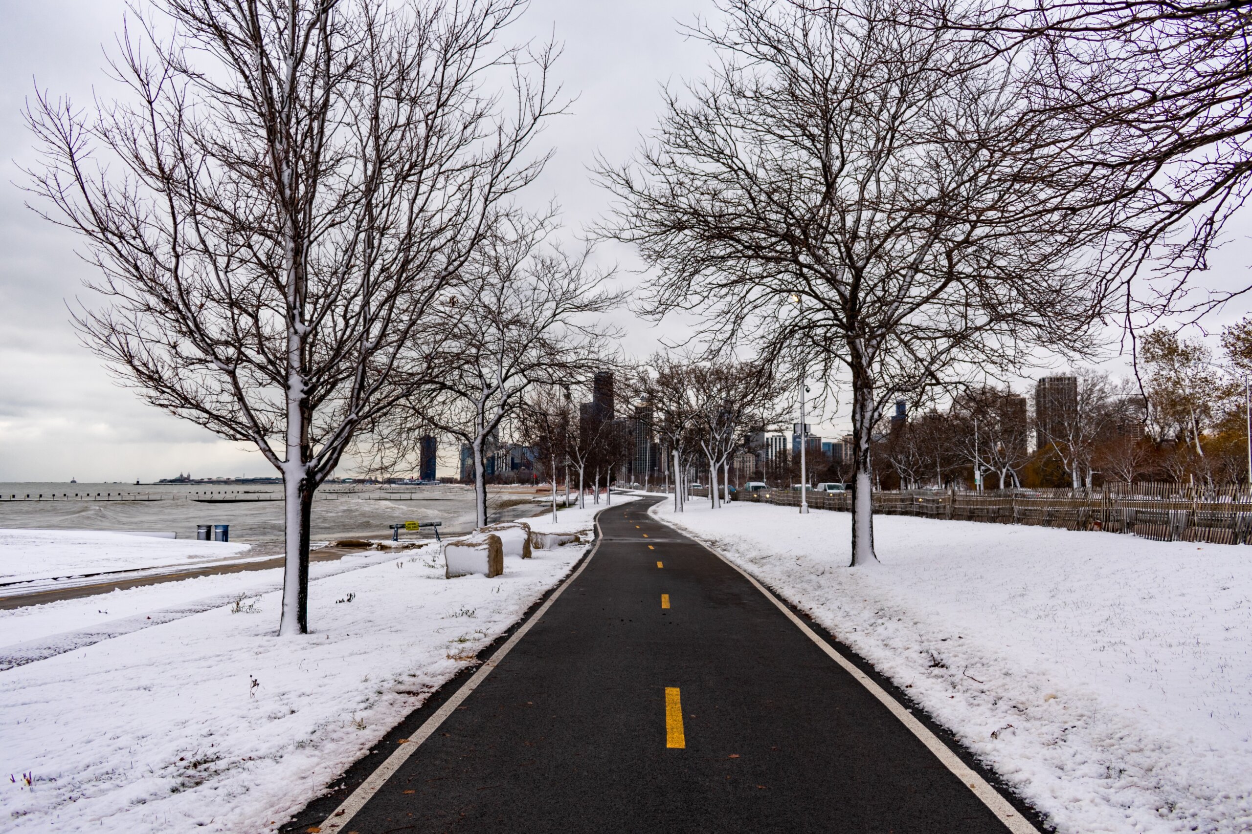 Chicago Lakefront Trail in the Winter with Snow heading Downtown