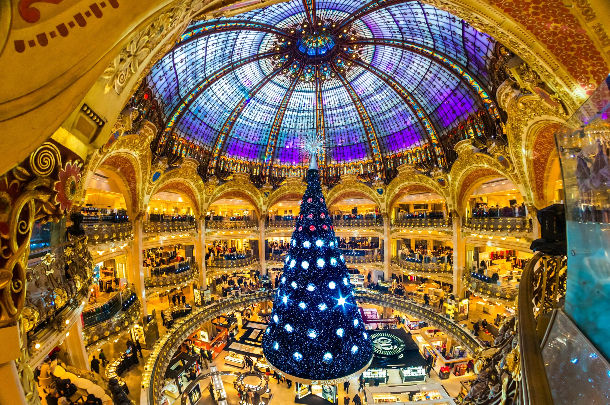 The Christmas tree at Galeries Lafayette on December 07, 2012, Paris, France. The Galeries Lafayette has been selling luxury goods since 1895.
