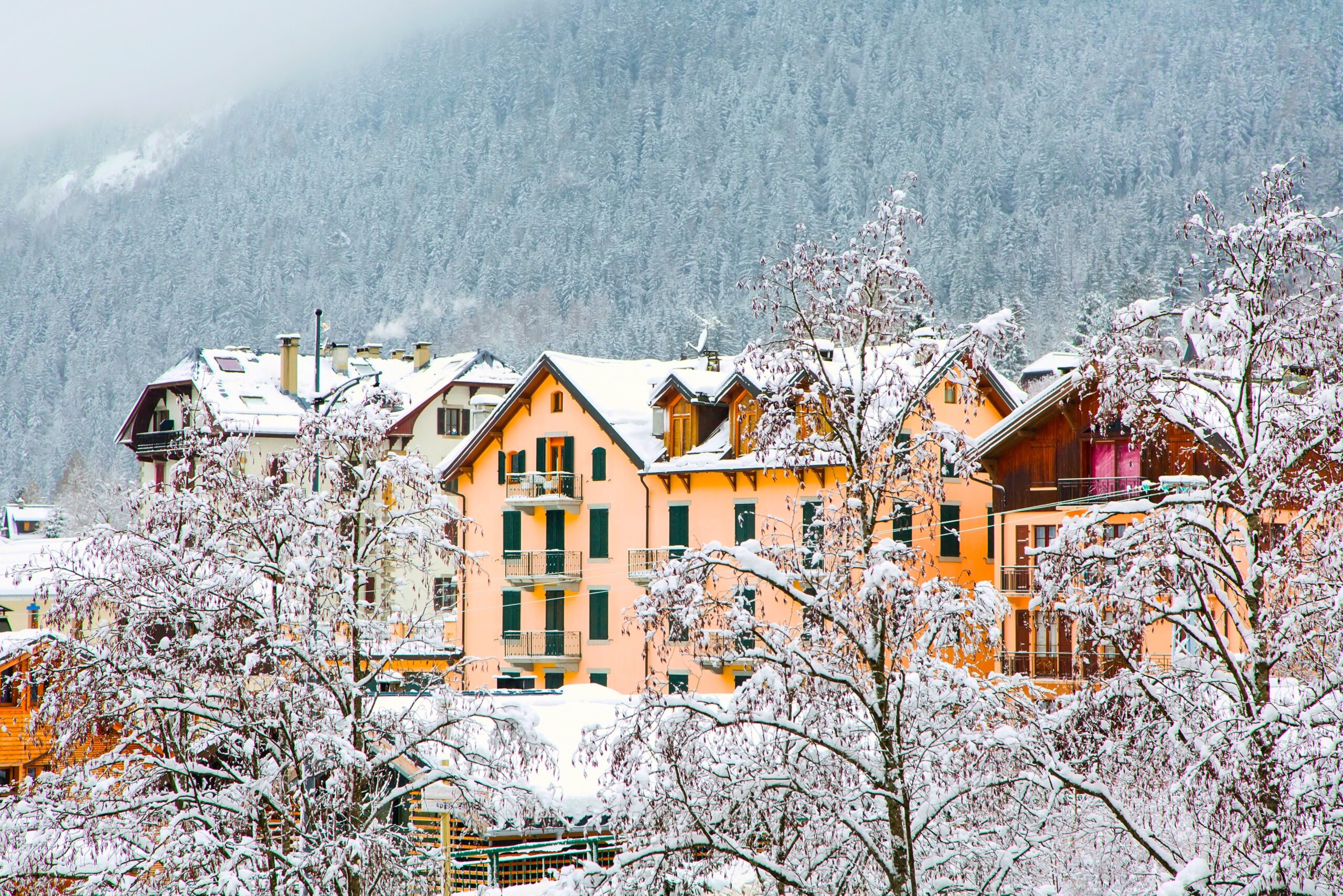 chamonix city view. Alpine houses, chalets
