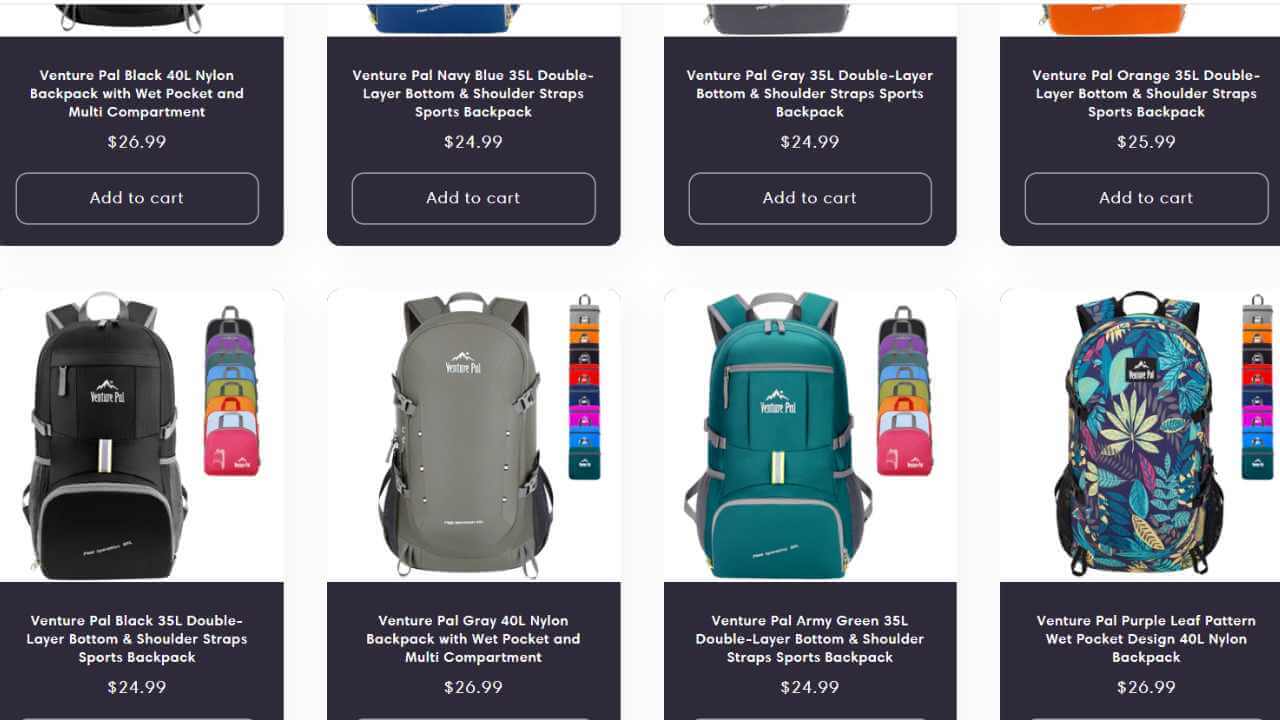 an image of a computer screen showing a variety of backpacks