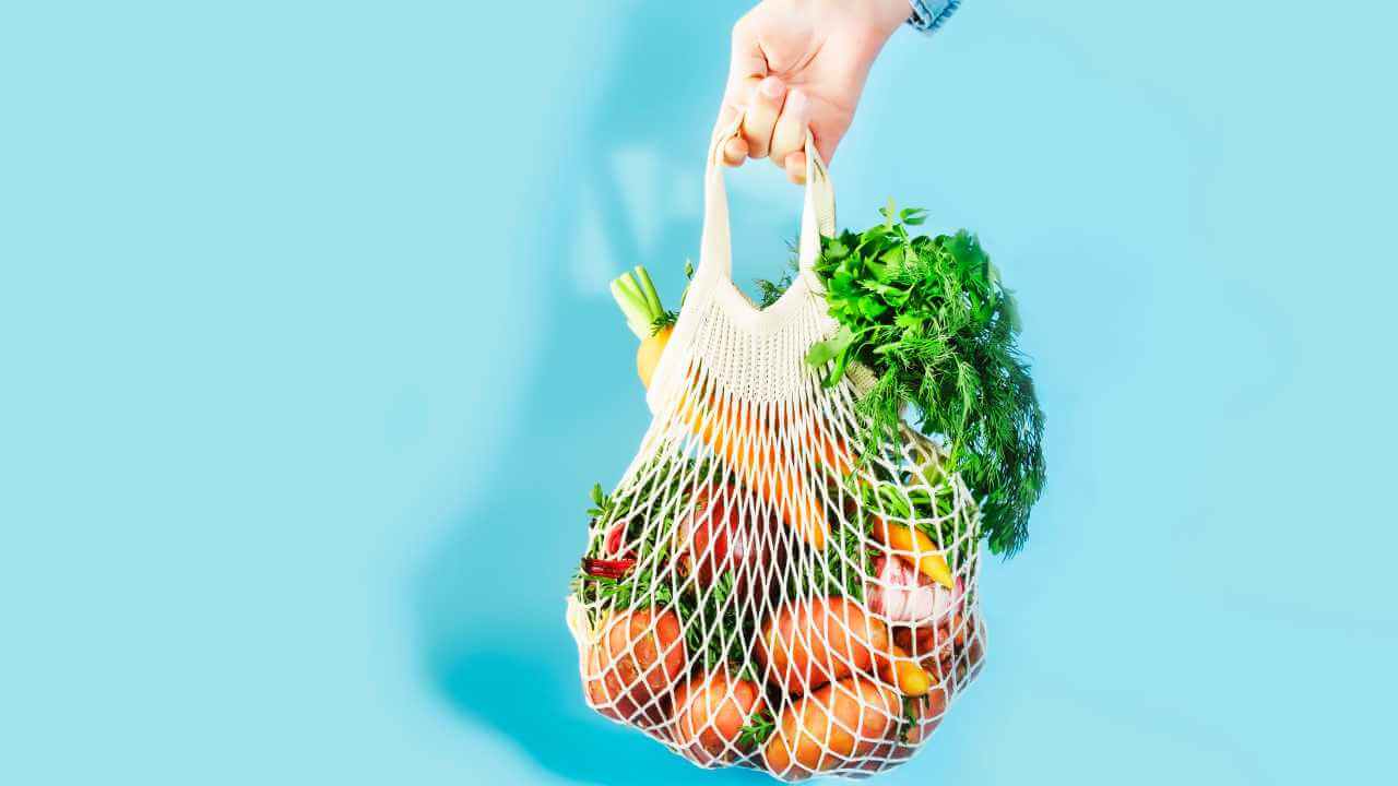 a person holding a bag full of vegetables