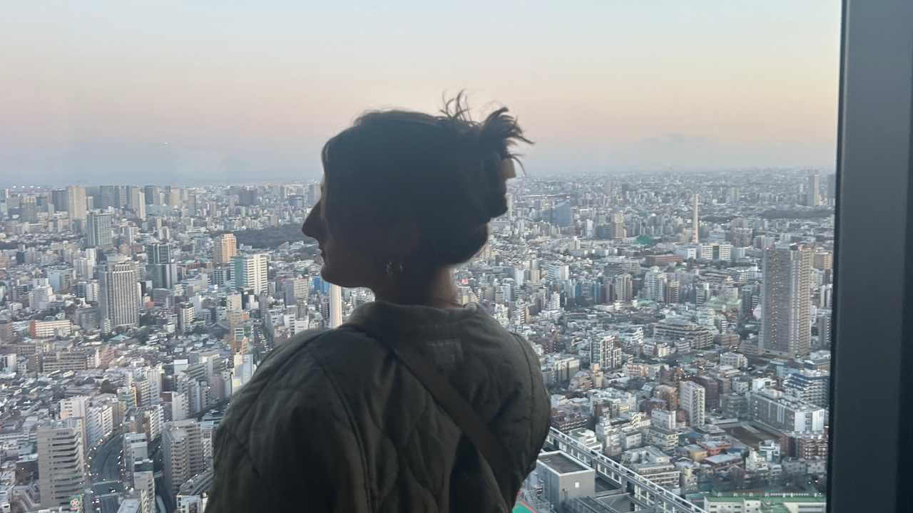 a person standing in front of a window looking out over a city