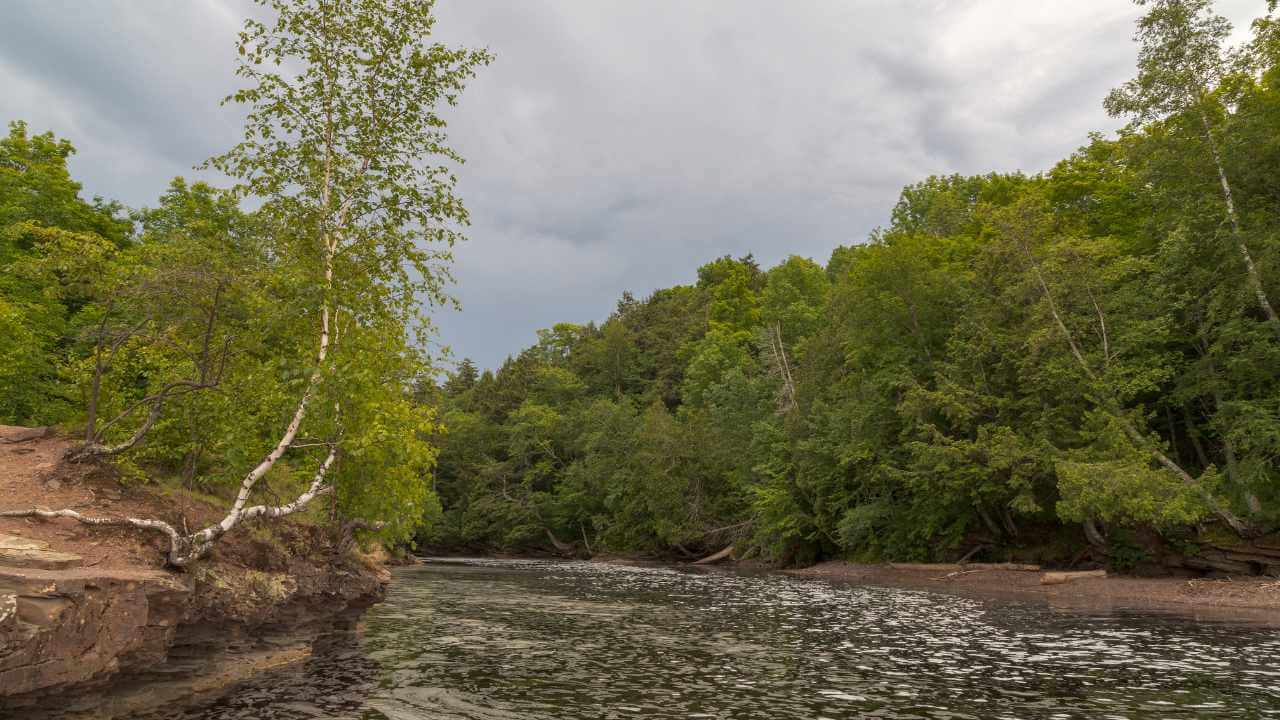 a river surrounded by trees and rocks under a cloudy sky
