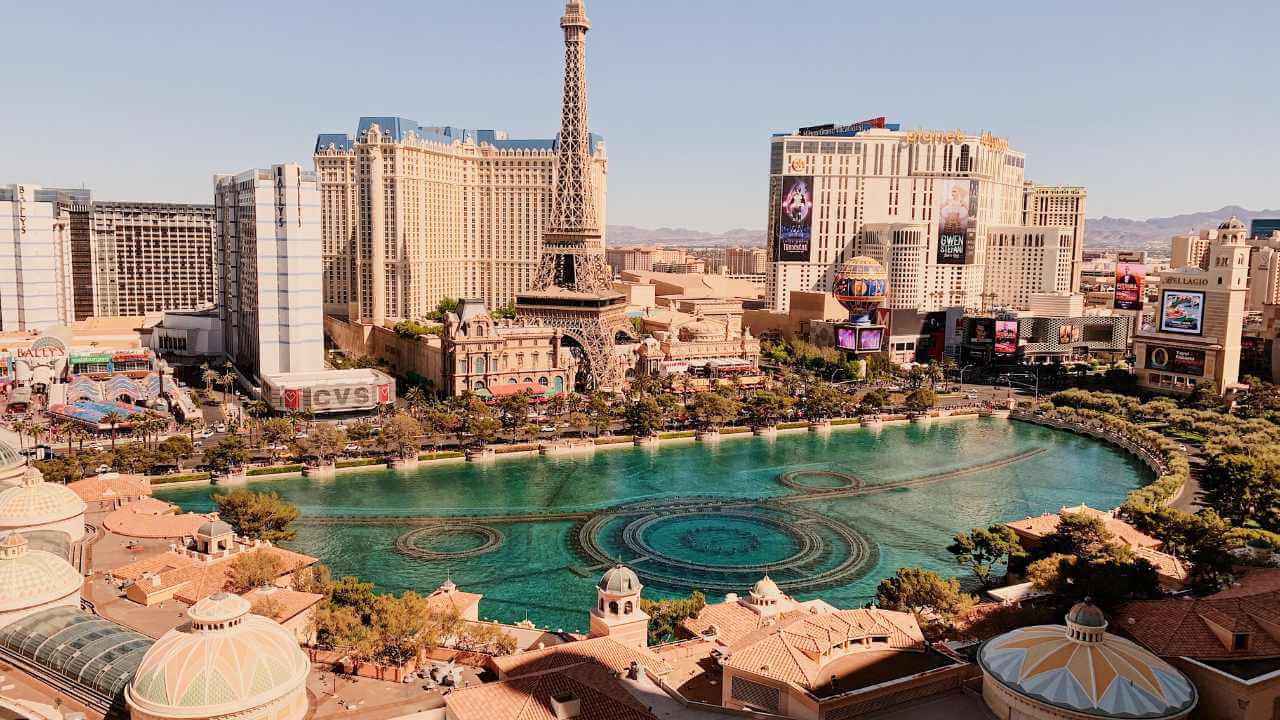 the Las Vegas Strip with the Eiffel Tower in the background