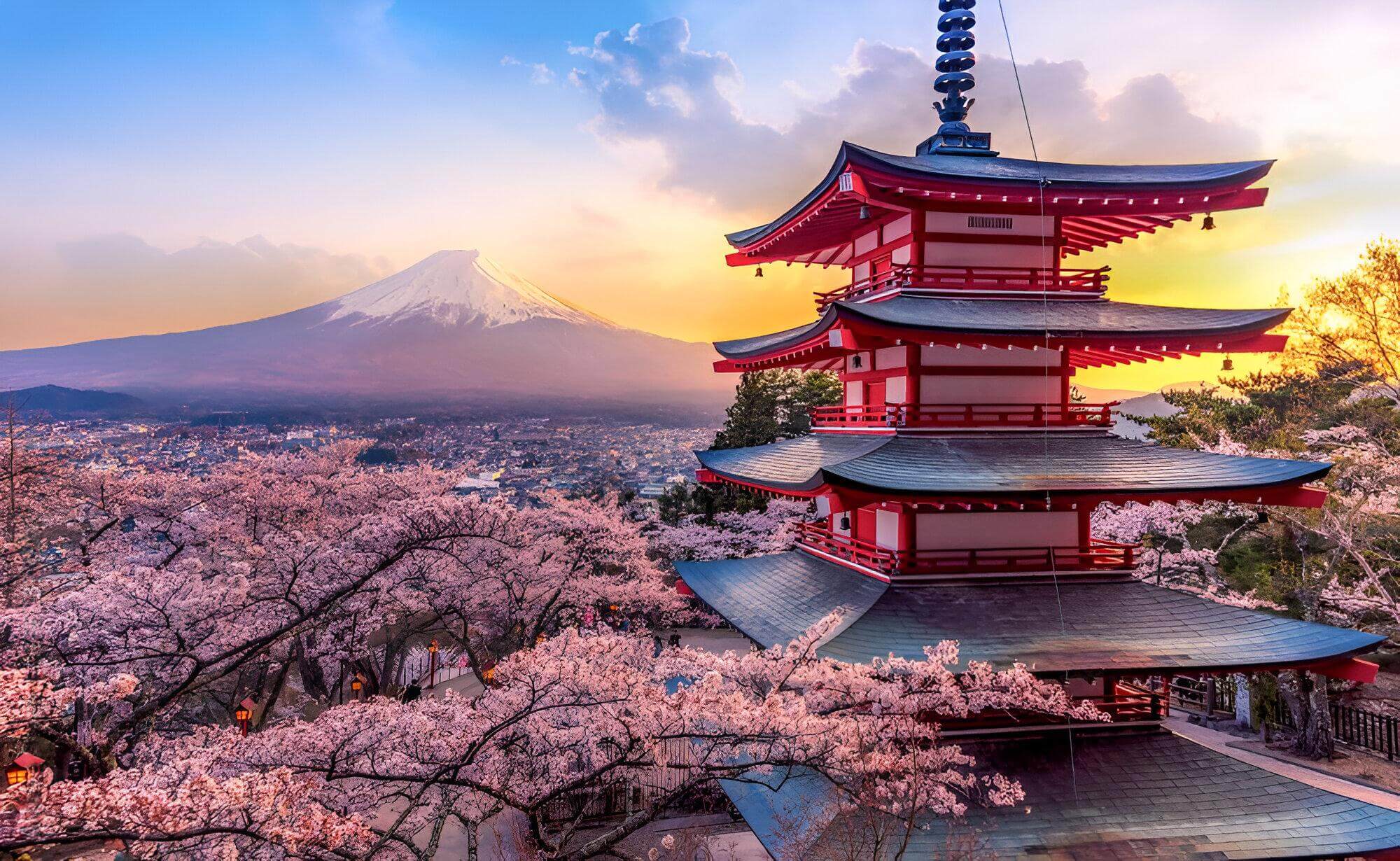 Japanese temple and mountains