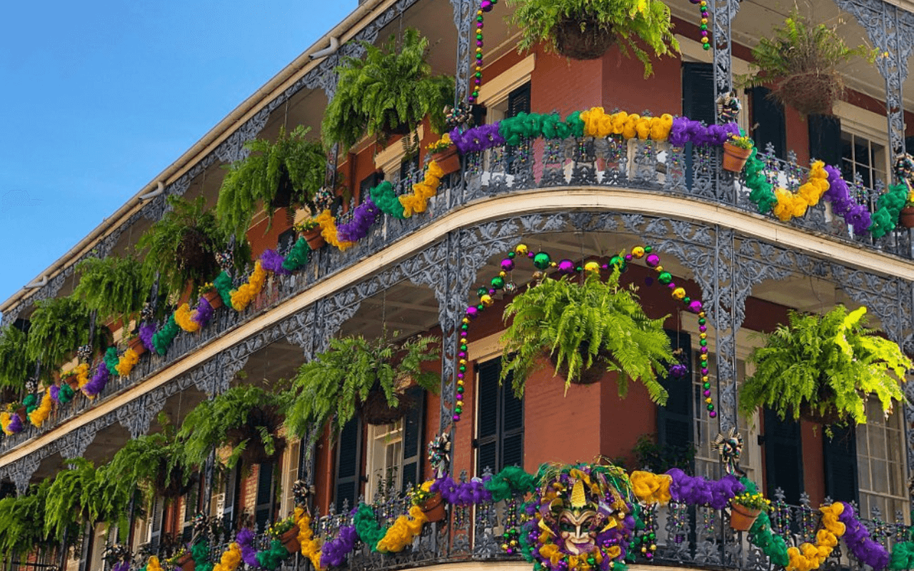 the french quarter decorated for mardi gras