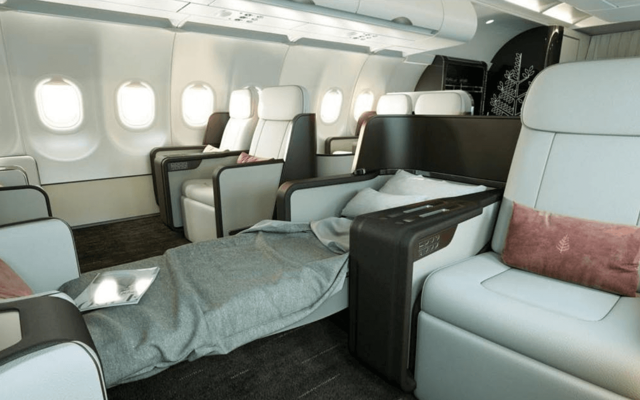 plane reclined to a bed on a private jet