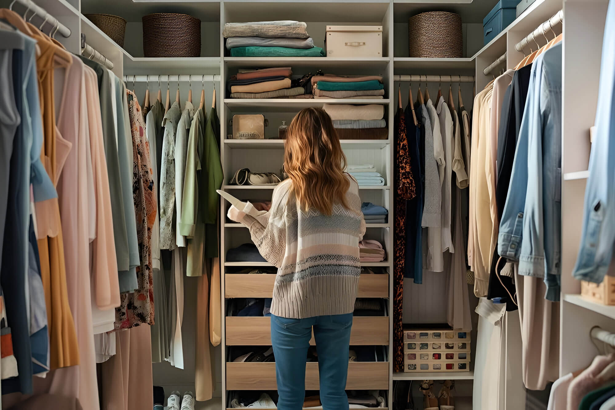 woman in a closet looking at clothes