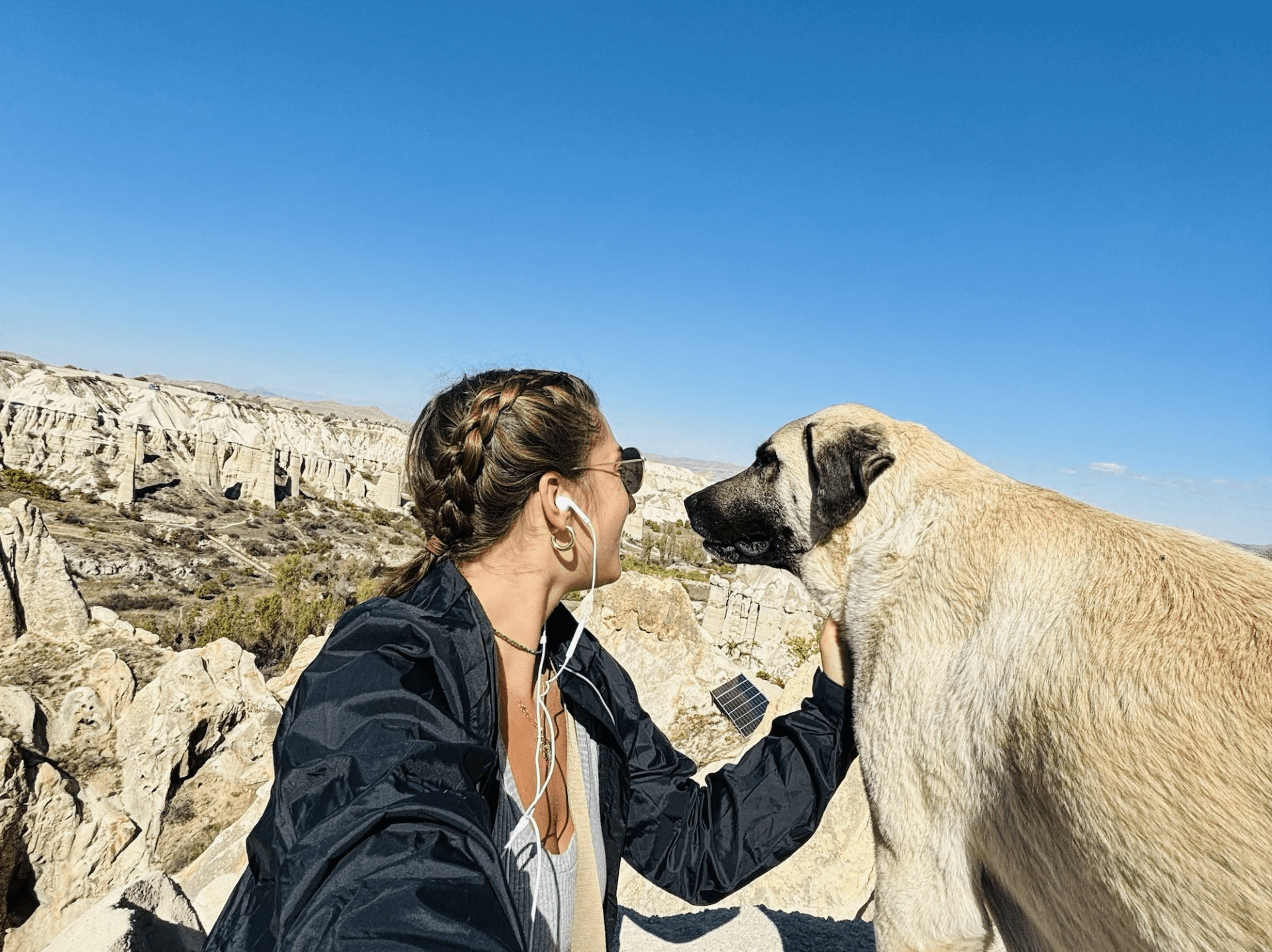 girl with headphones in petting a dog