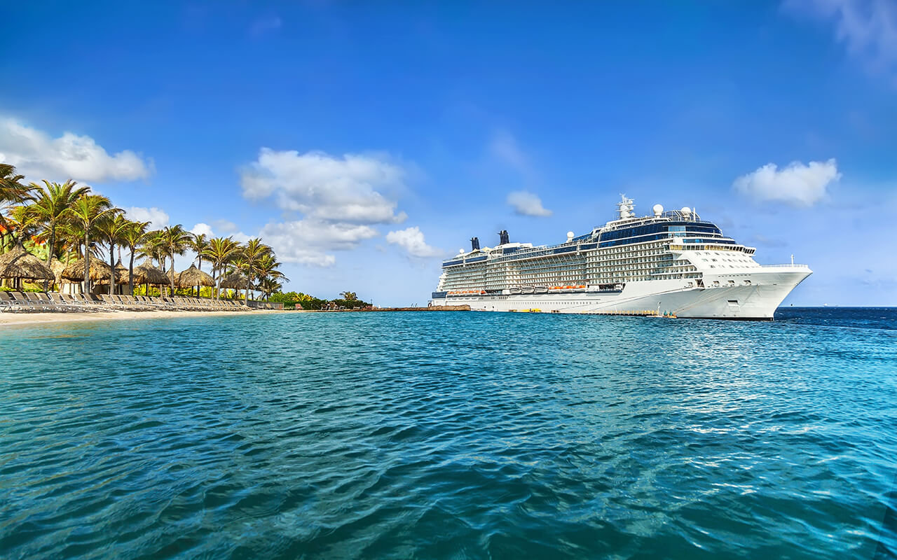 Cruise ship docked at a beach