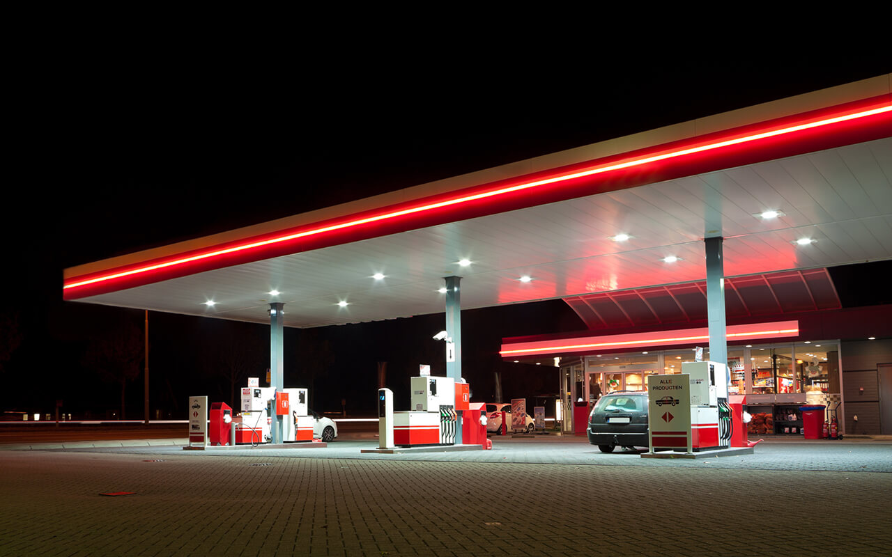 Gas station exterior at night