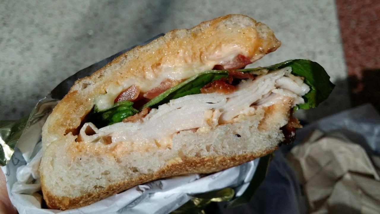 a close up of a sandwich that has been cut in half