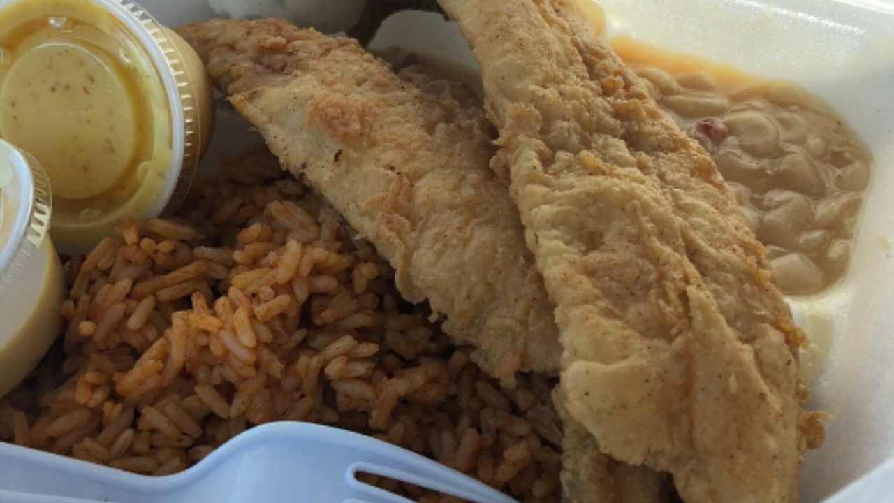 fried fish, rice and beans in a styrofoam container