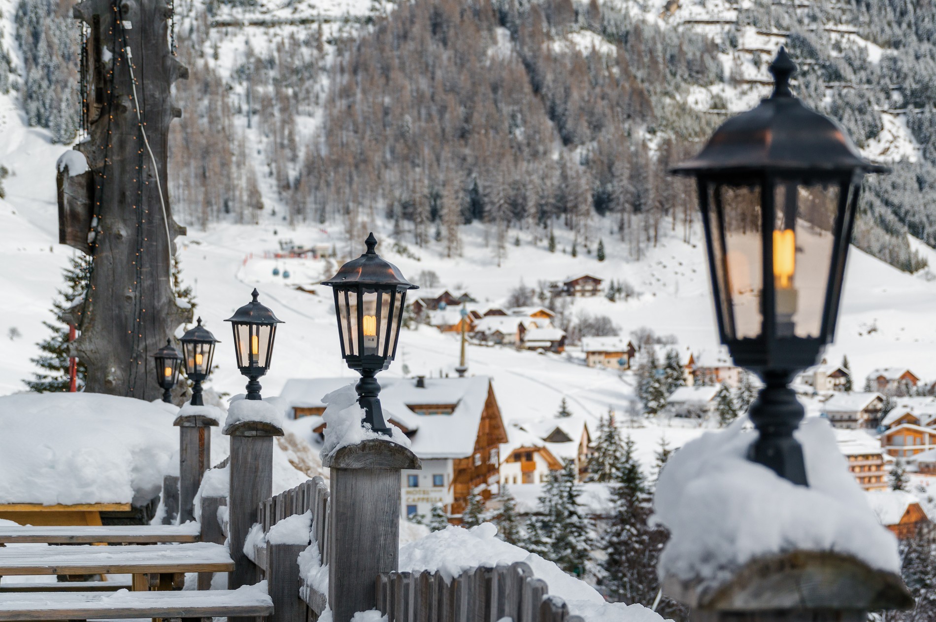 Cloudy view of outdoor cafe at Dolomites near Canazei of Val di Fassa, Trentino-Alto-Adige region, Italy.
