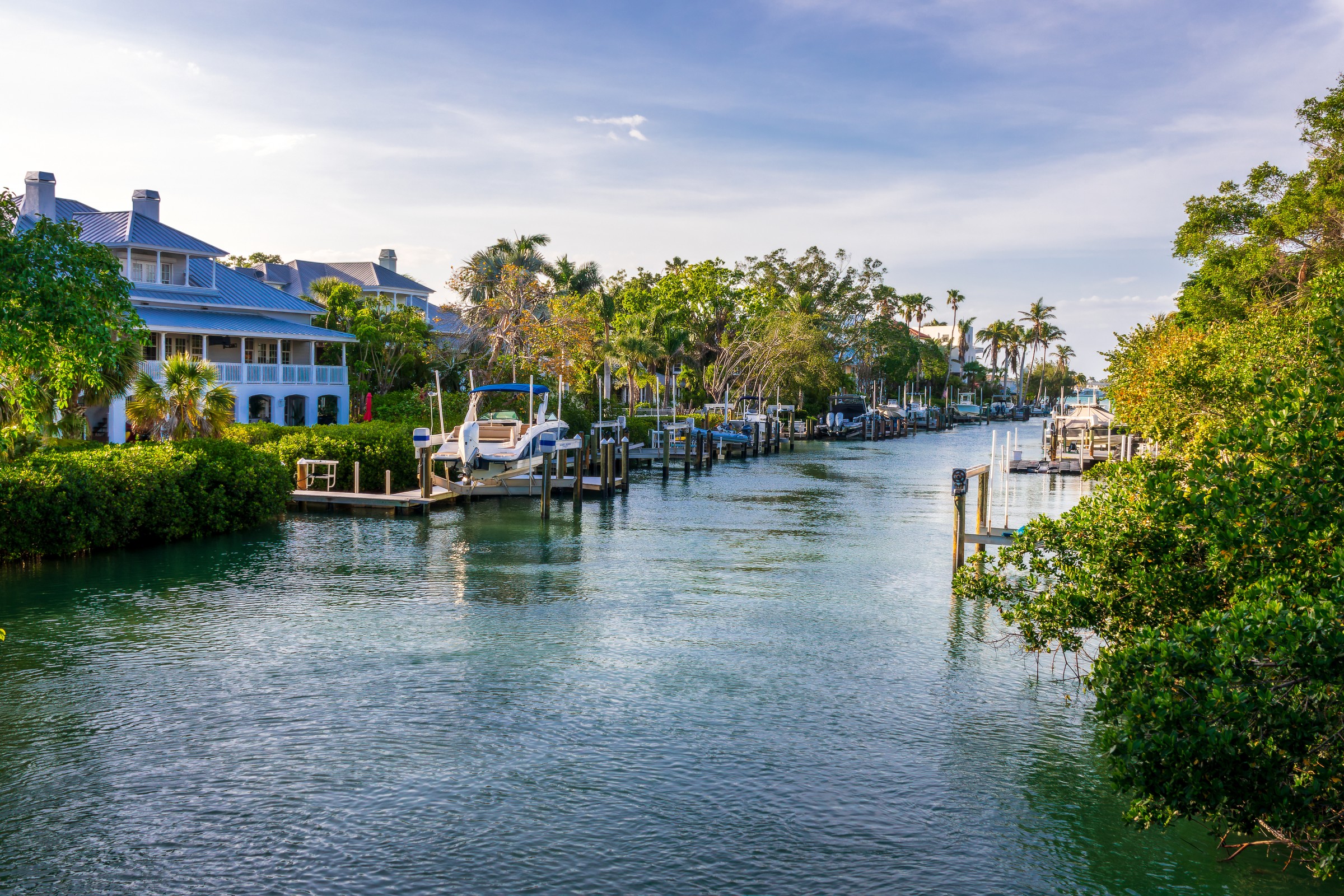 Siesta Key cityscape, canal view with houses and marina, Sarasota, Florida
