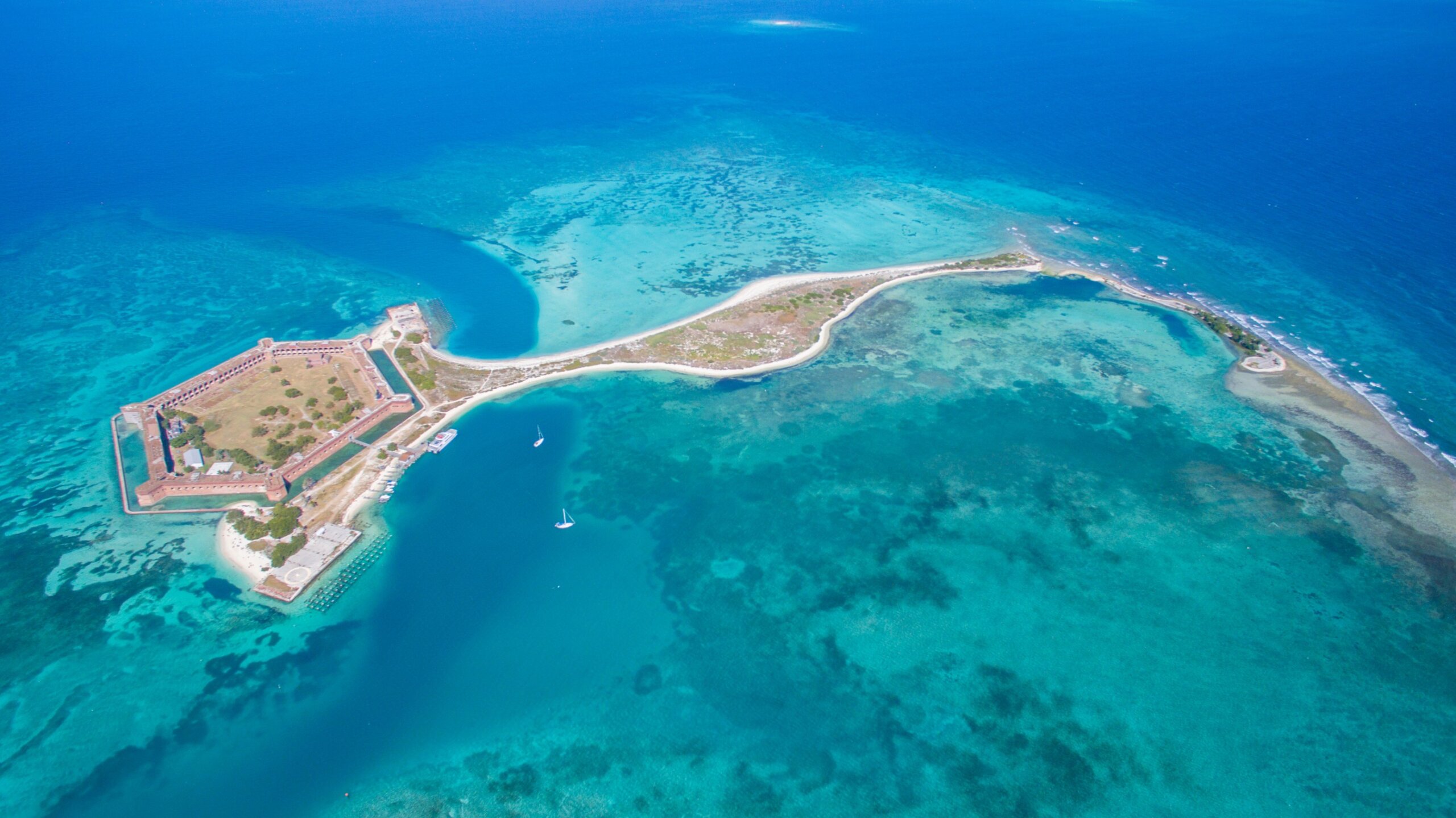 Aerial view of Dry Tortugas National Park in the Florida Keys surrounded by turquoise water