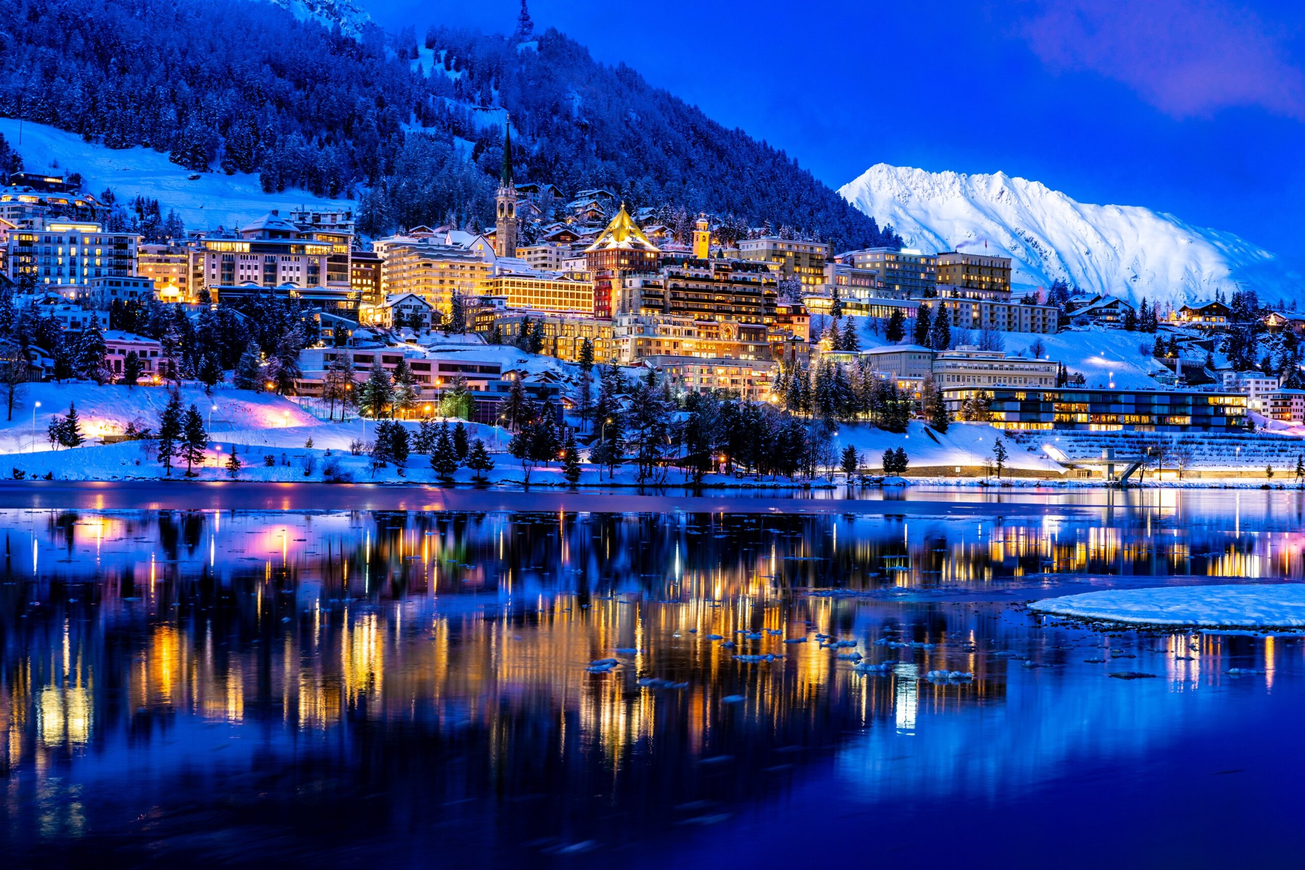 View of St. Moritz in Switzerland at night
