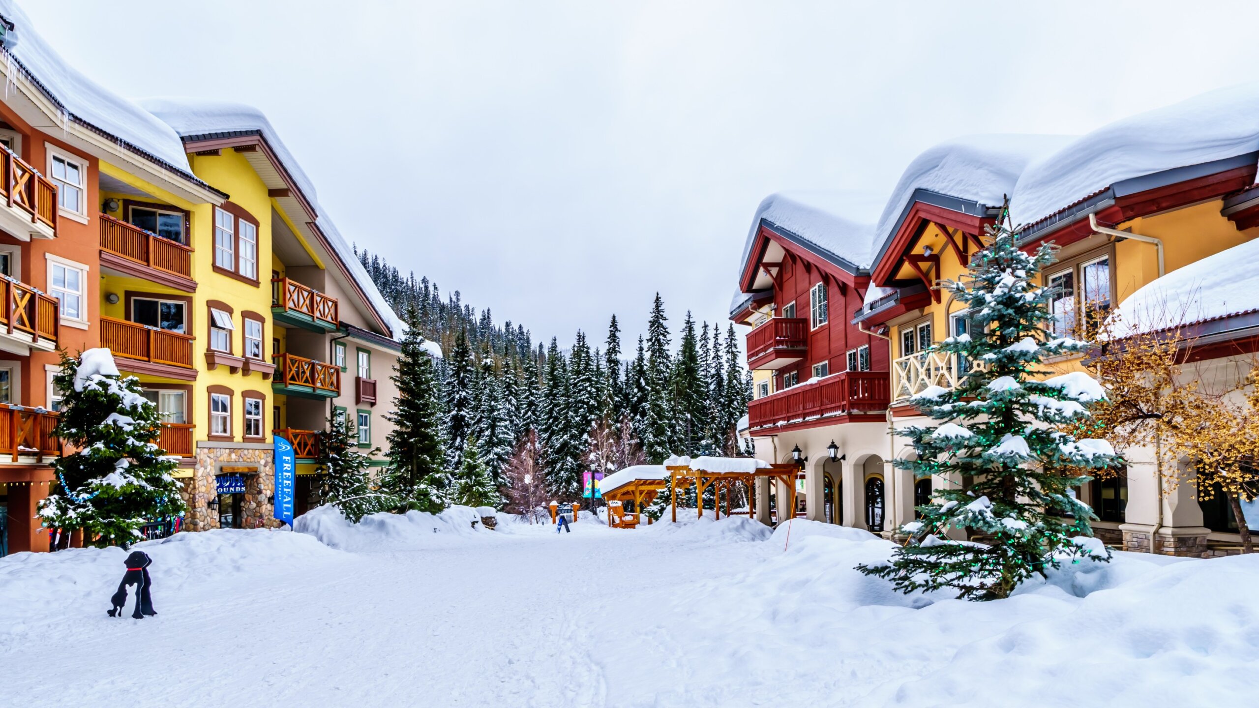Colorful buildings in the Winter Sport Village of Sun Peaks, an Alpine Village in the Shuswap Highlands of British Columbia
